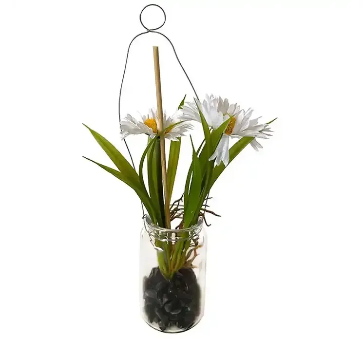 Kunstig marguerit i hvid med klar glaspotte og kunstig jord, til ophæng