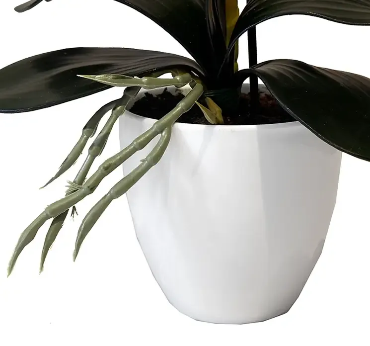 Kunstig hvid orkide i hvid potte af plast closeup af potte