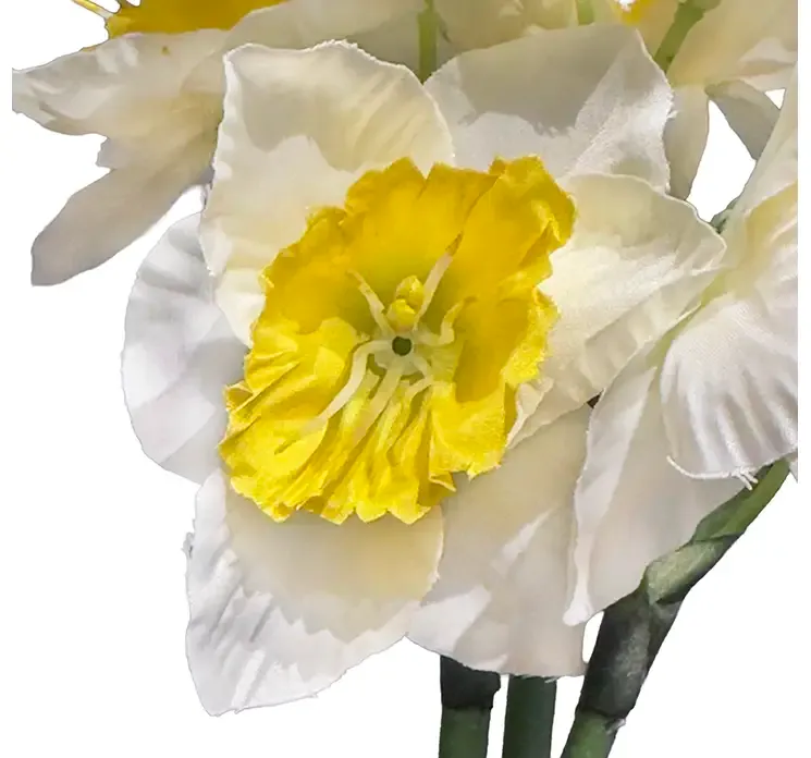 Kunstig påskelilje i bundt med tre stilke af plast, hvid og gul closeup