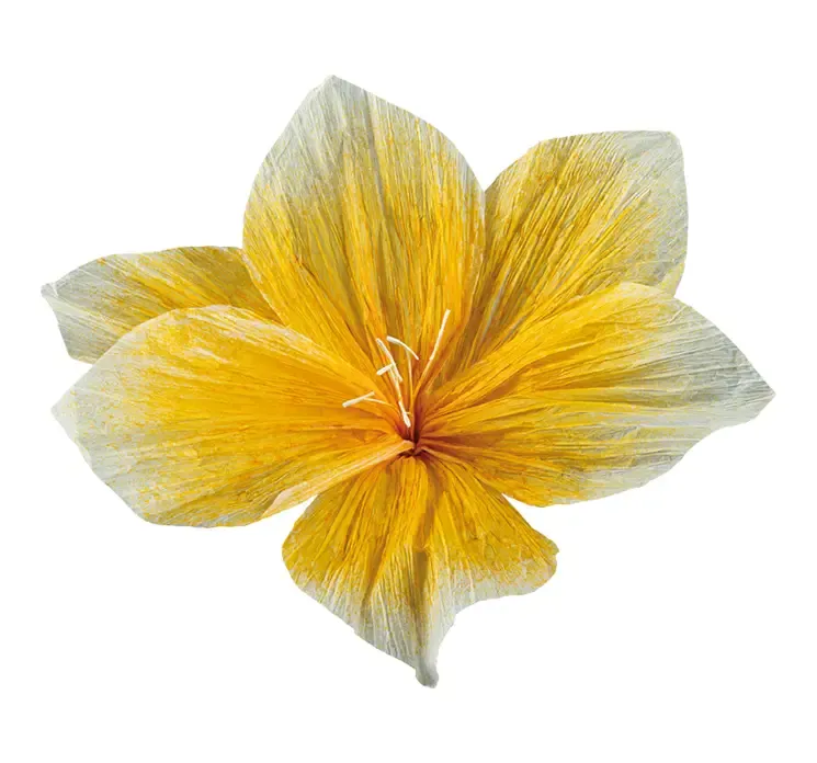 Kunstig blomsterhoved i gul af papir