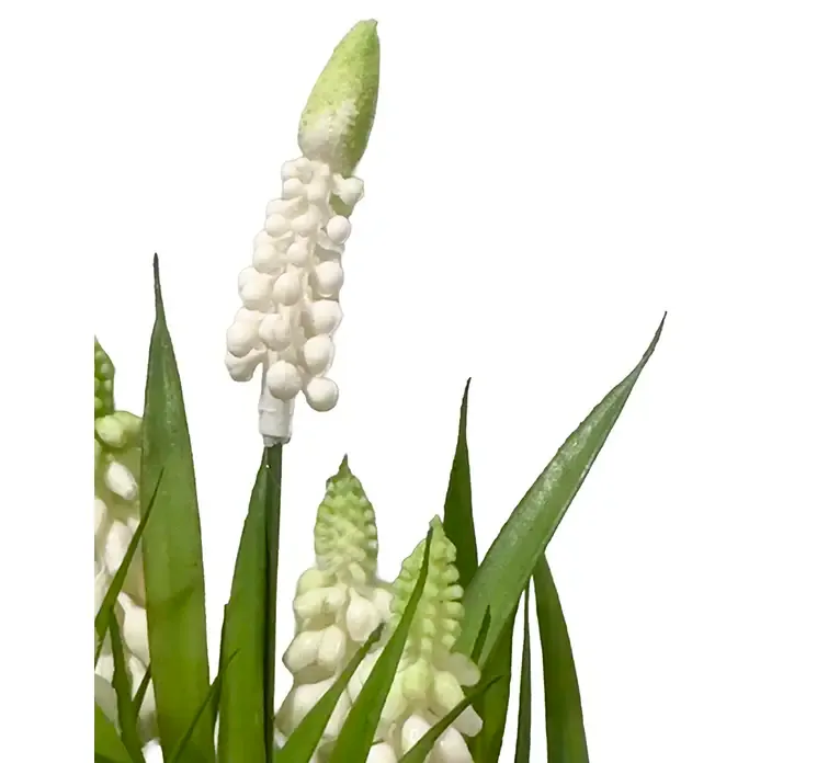 Kunstig perlehyacint med hvide blomster af plast closeup