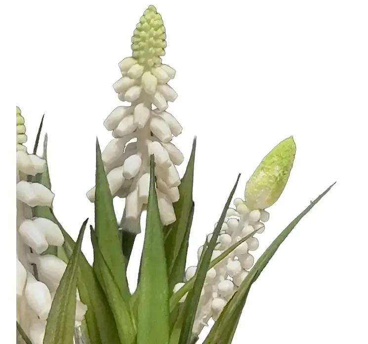 Kunstig perlehyacint i hvid i sort potte closeup