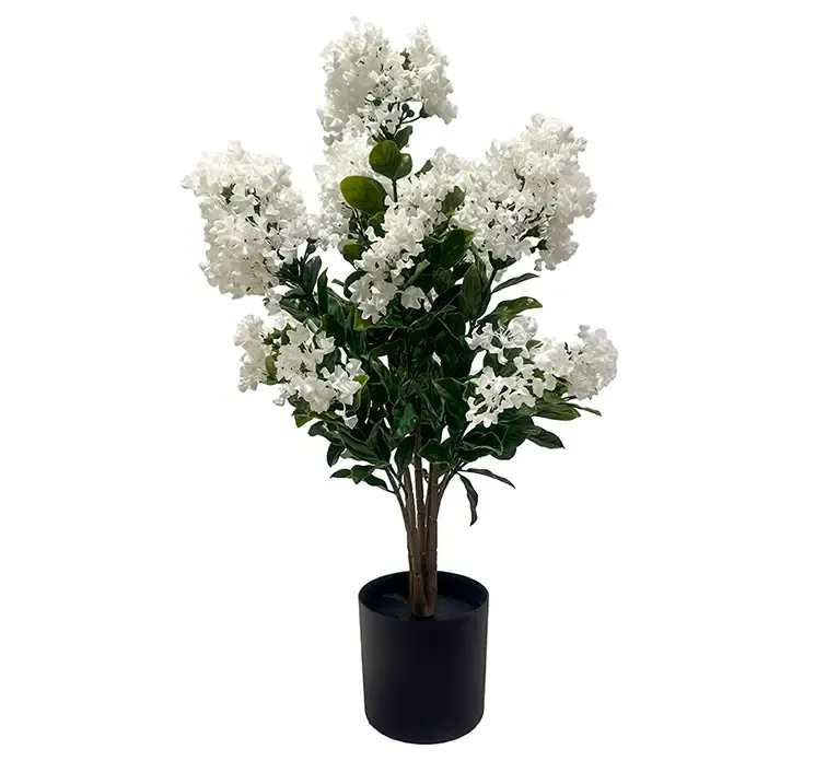 Kunstig syren blomst i hvid af plast i sort potte uv beskyttet