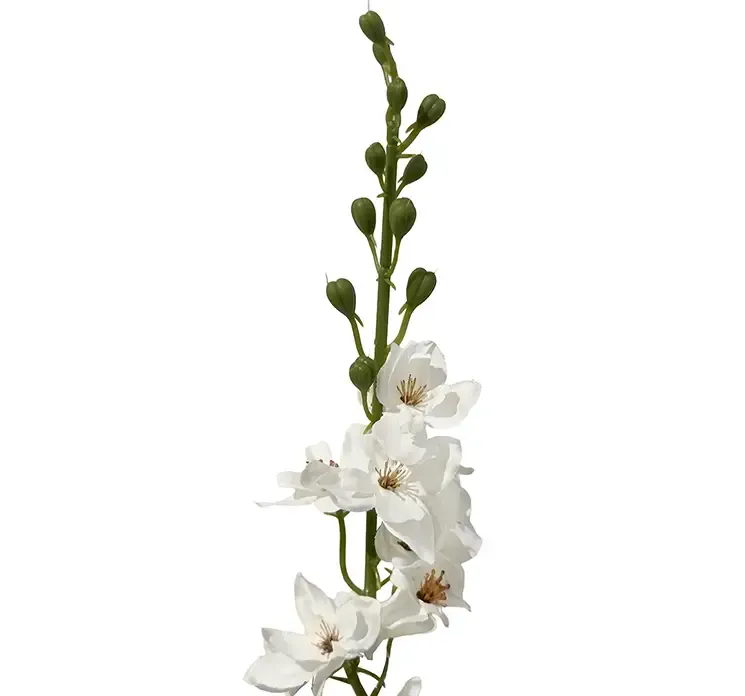 Kunstig ridderspore blomst i hvid af plast closeup