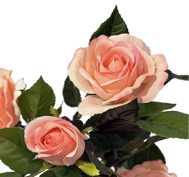 Rose i fersken farvet kunstig blomst i sort potte af plast 56cm closeup
