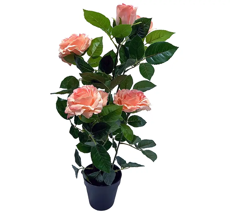 Rose i fersken farvet kunstig blomst i sort potte af plast 56cm