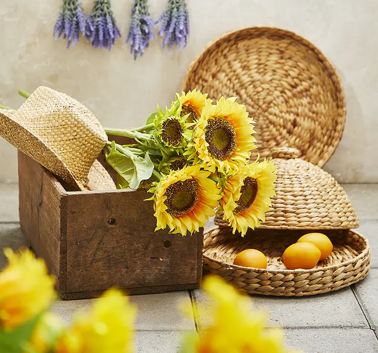 Solsikke kunstig blomst med tre blomster af plast i gul 85cm vist i miljø