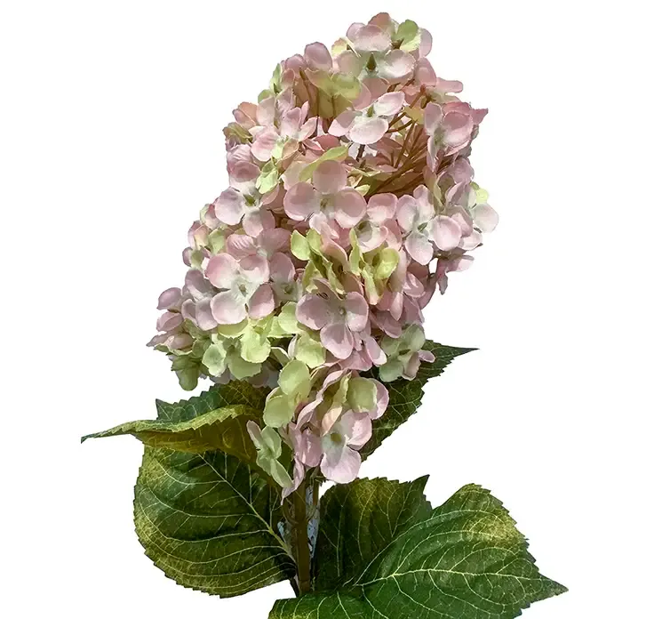 Kunstig syrenhortensia blomst på stilk, af plast i lyserød closeup af blomst