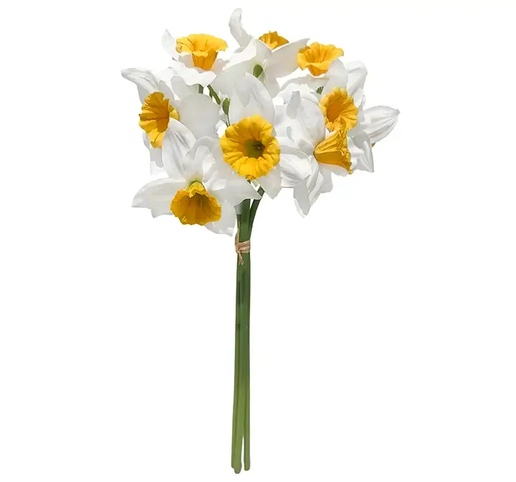 Kunstig påskelilje i bundt med tre stilke af plast, hvid og gul