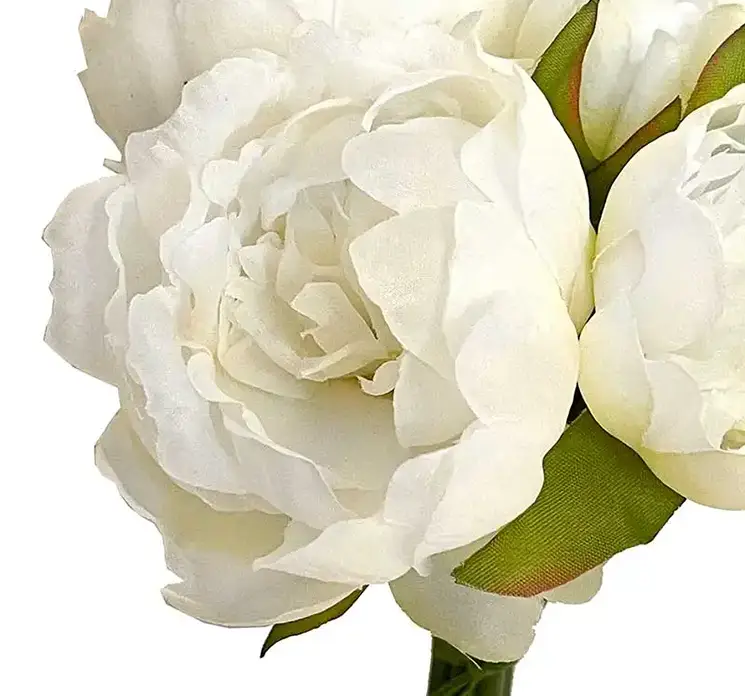 Pæon buket med otte stilke kunstige blomster af plast i hvid 24cm closeup