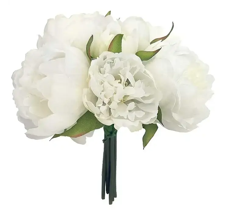 Pæon buket med otte stilke kunstige blomster af plast i hvid 24cm