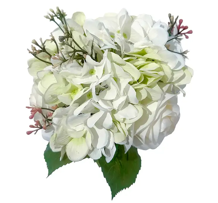 Kunstig hortensia buket med roser i hvid af plast closeup