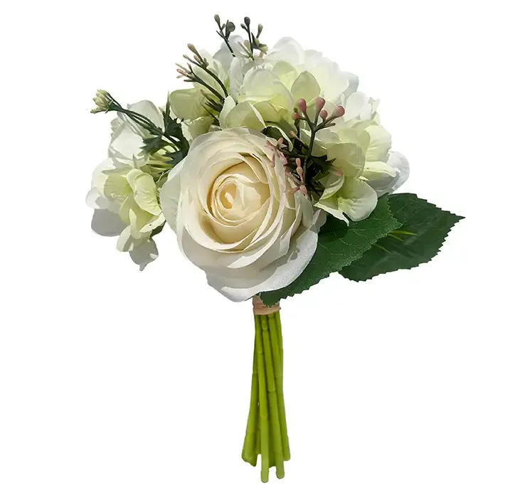 Kunstig hortensia buket med roser i hvid af plast