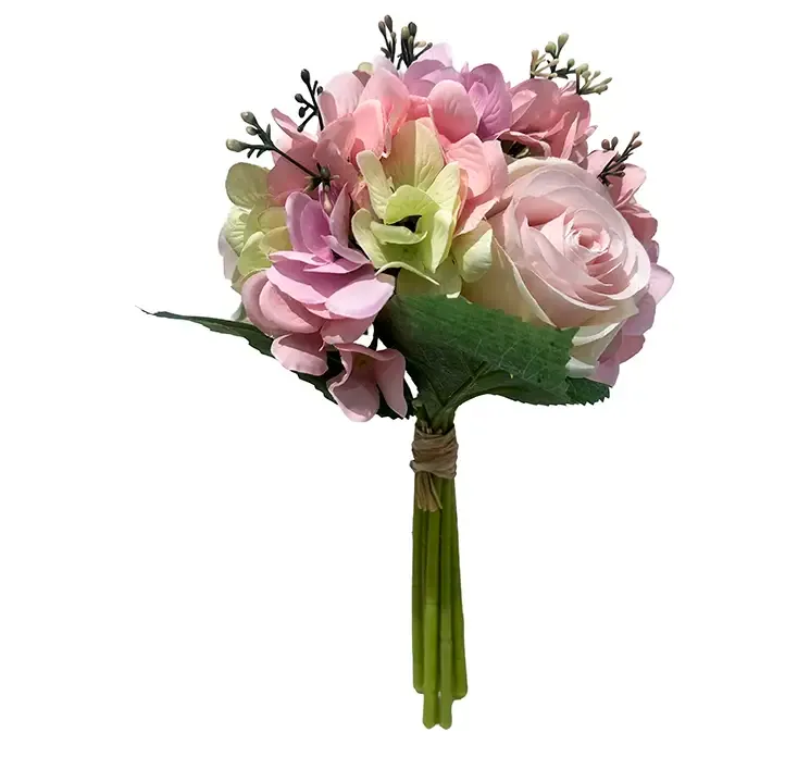 Kunstig hortensia og rosen buket i lyserøde nuancer af plast
