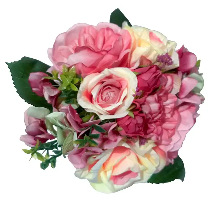 Kunstig rosenbuket i pink og lyserøde farver af plast closeup