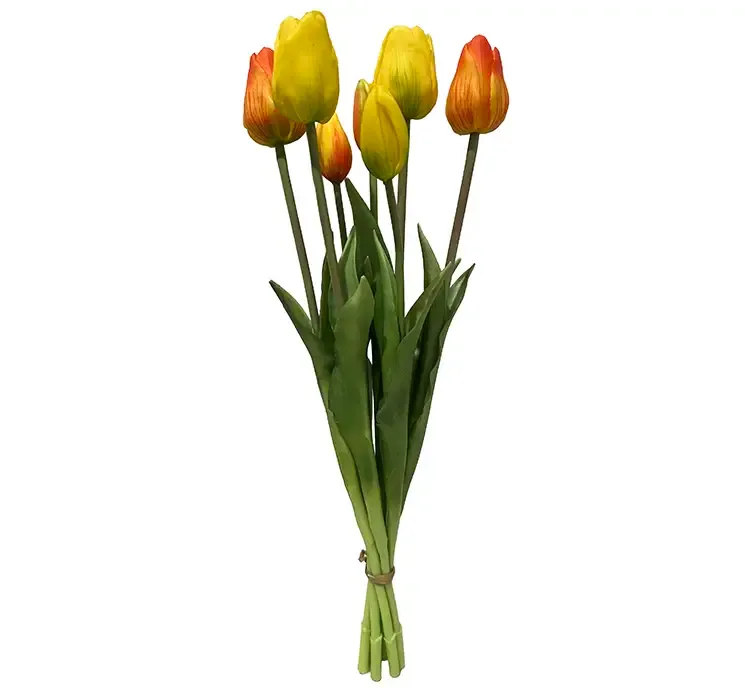 Kunstig tulipanbuket i gul og orange, af gummi og plast