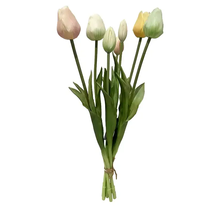 Kunstig tulipanbuket af gummi i farverne hvid, gul og lyserød