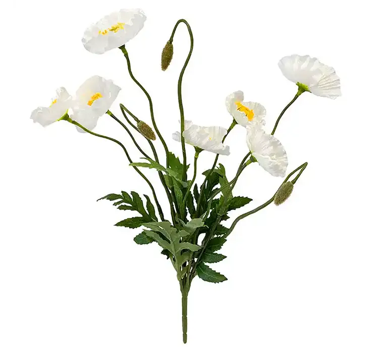 Valmuebuket af kunstige blomster af plast i hvid