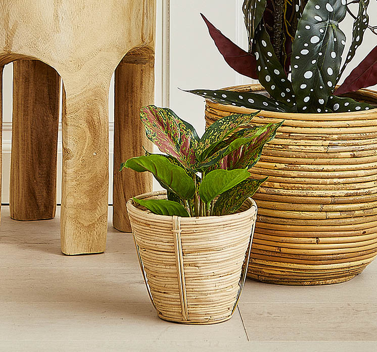 Kurv potteskjuler i flet af bambus naturfarvet vist i miljø med kunstig caladium plante