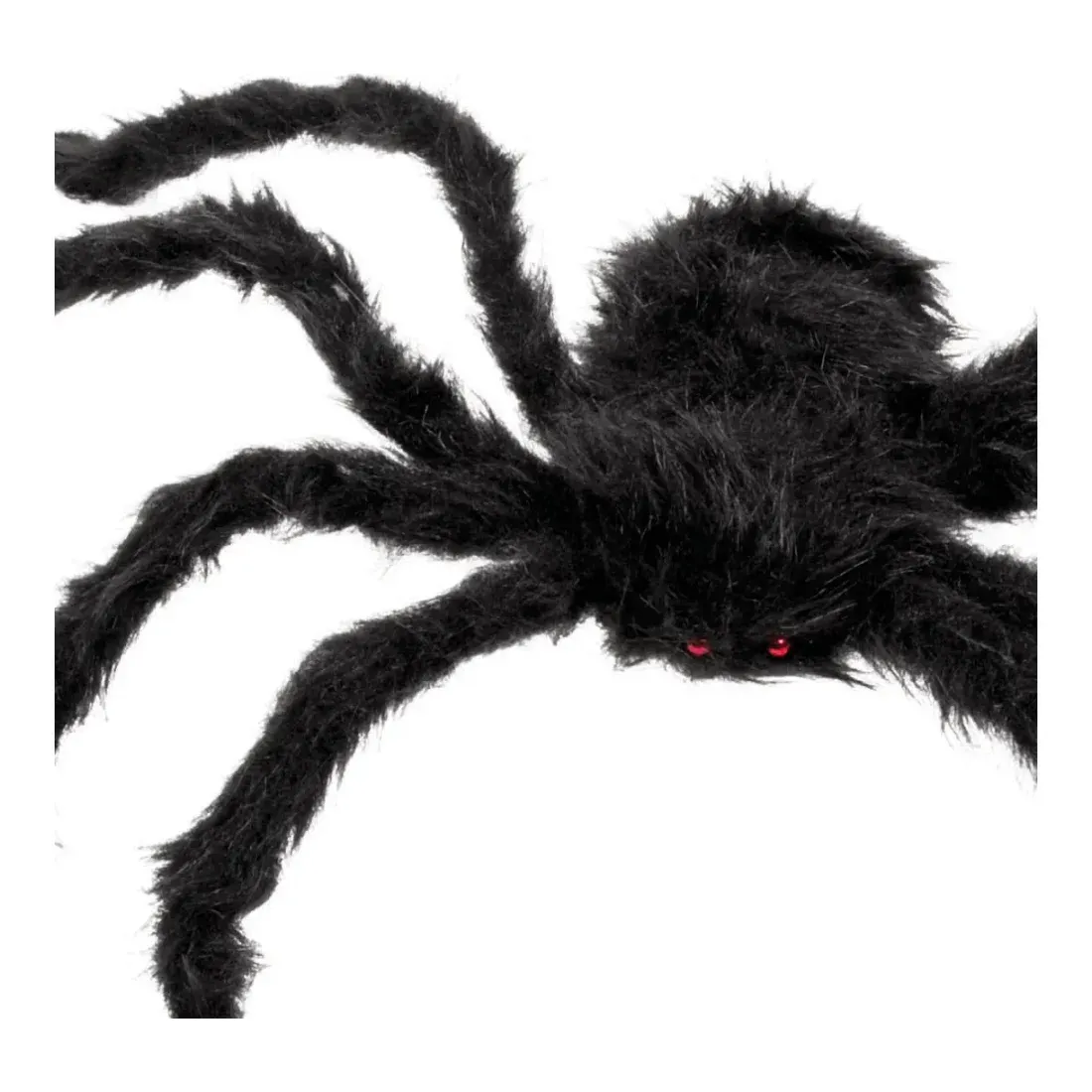 Edderkop XL kunstig behåret i sort og med røde øjne, halloween pynt closeup