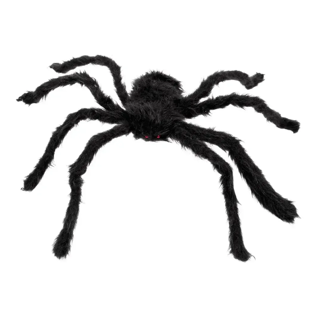 Edderkop XL kunstig behåret i sort og med røde øjne, halloween pynt