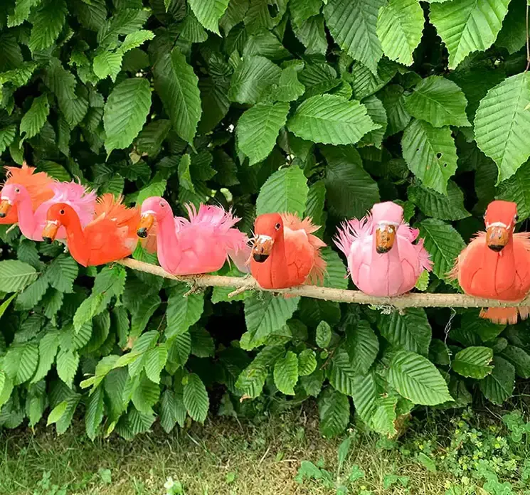 Flamingo fugle af styropor og fjer i pink og orange kunstige fugle vist på pind