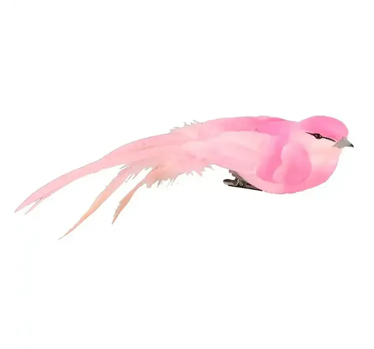Kunstig fugl i lyserød på klips til dekoration
