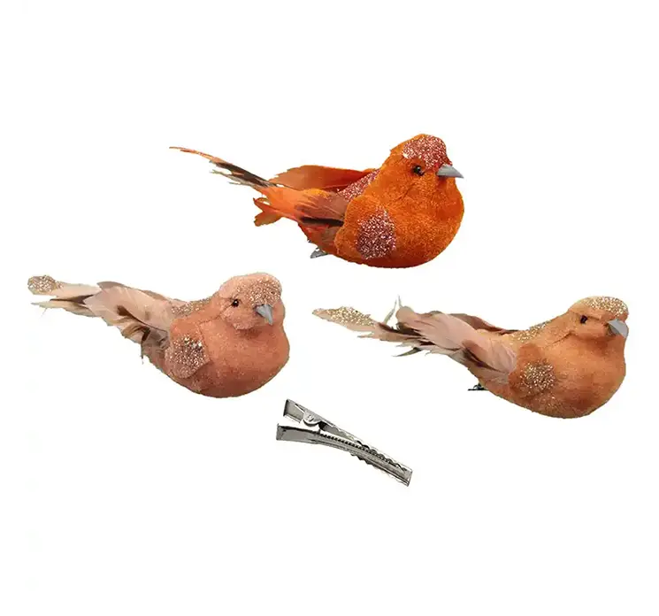 Fugle kunstig på klips af styrophor og fjer i orange farver, 6 stk ass pr pakke