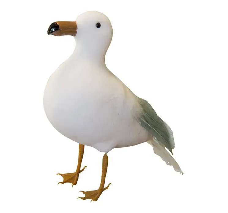 Kunstig måge af polyskum og fjer i hvid