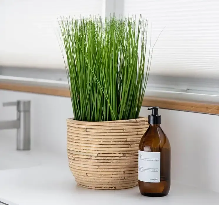 Krukke af rattan med plastforing natur farvet vist med kunstig græs plante i køkkenmiljø