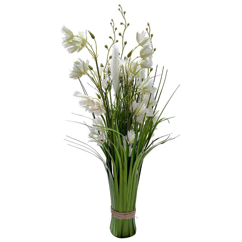 Kunstig græs med blomster af plast, grøn med hvide blomster