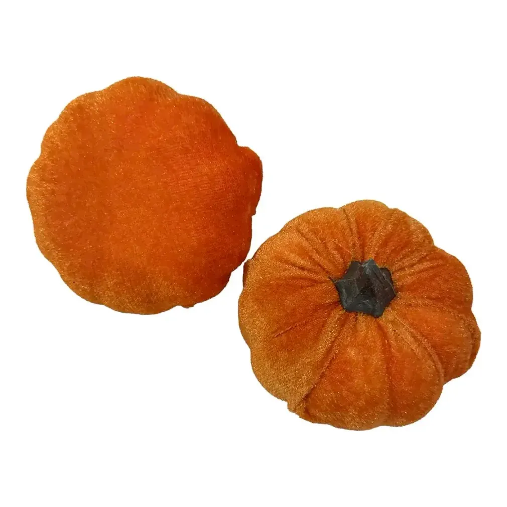 Græskar kunstige af orange tekstil, 6 stk i netpose vist foroven og forneden