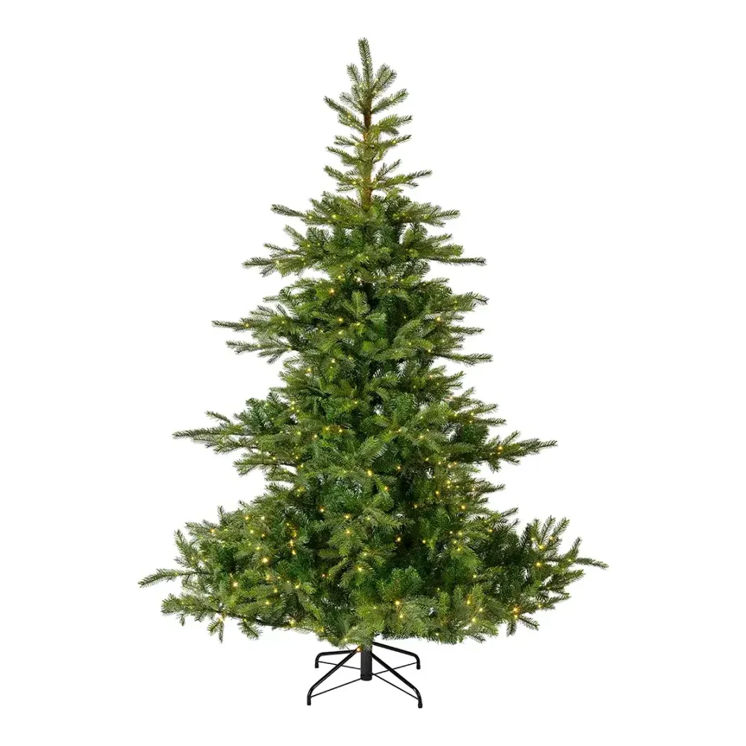 Kunstig gran juletræ grandis af plast i grøn med LED lys 180cm