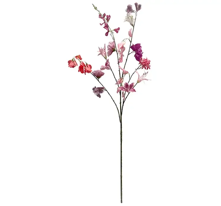 Kunstig gren med mix af forskellige blomster i lyserøde, lilla og pink farver