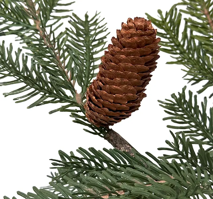 Gren kunstig gran af plast i grøn med kogler 95cm closeup
