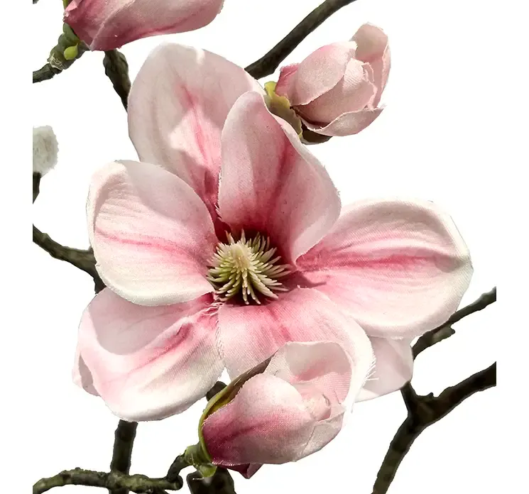 Kunstig magnoliagren med lyserøde blomster af plast closeup