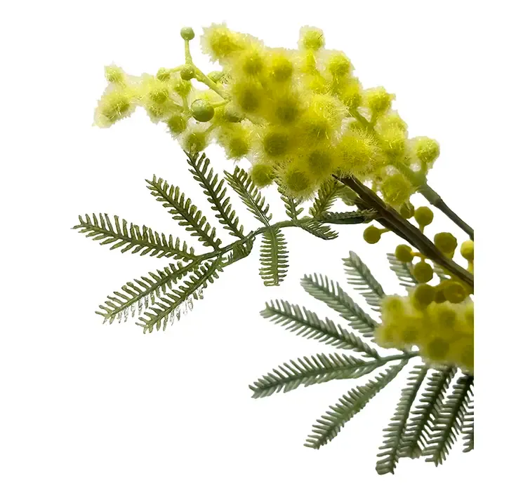 Mimosa gren med gule blomster af plast, kunstig gren closeup