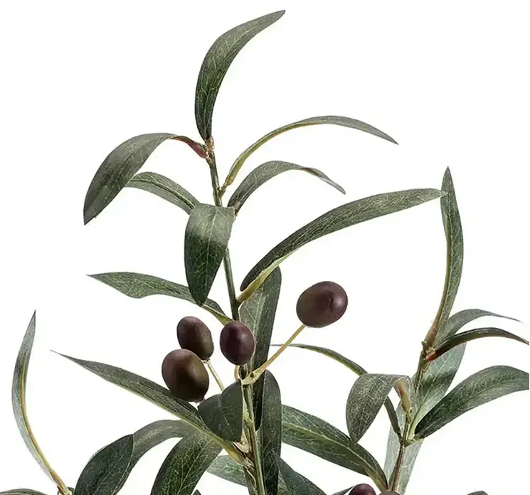 Kunstig olivengren af plast i grøn med sorte oliven closeup