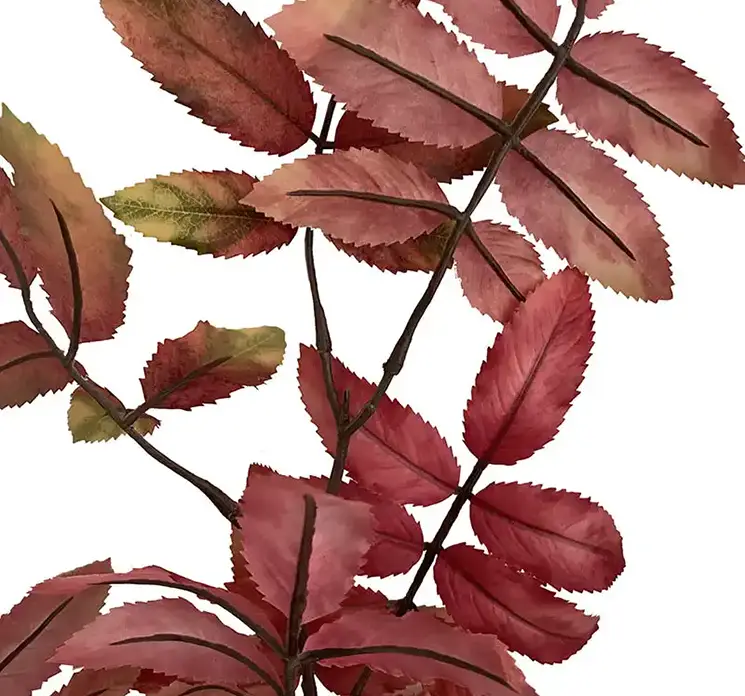 Røn kunstig gren af plast i rød og pink farvet 120cm closeup