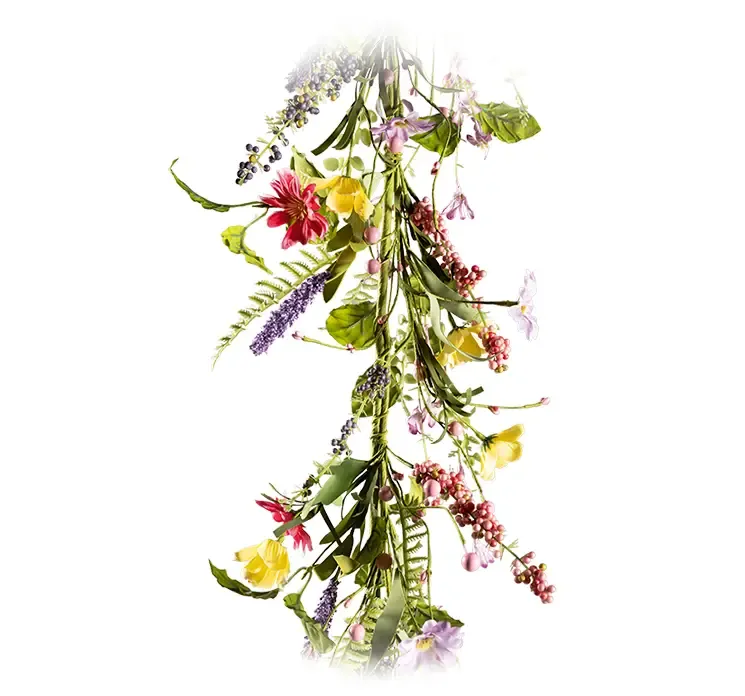 Kunstig blomsterguirlande af plast med multifarvede blomster closeup