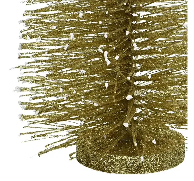 Kunstig børste juletræ plast i guld farvet på rund fod closeup