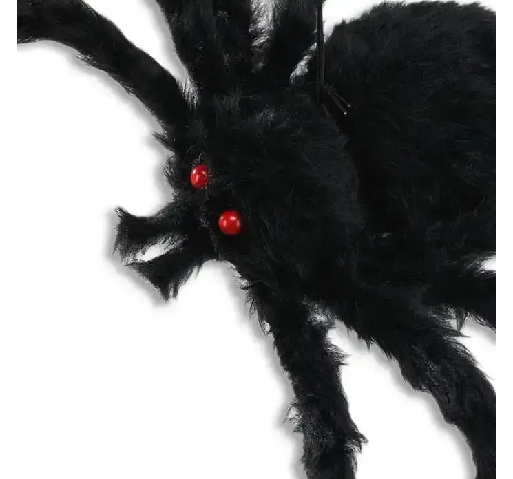 Kunstig kæmpe edderkop i sort af flamingo og kunstpels closeup