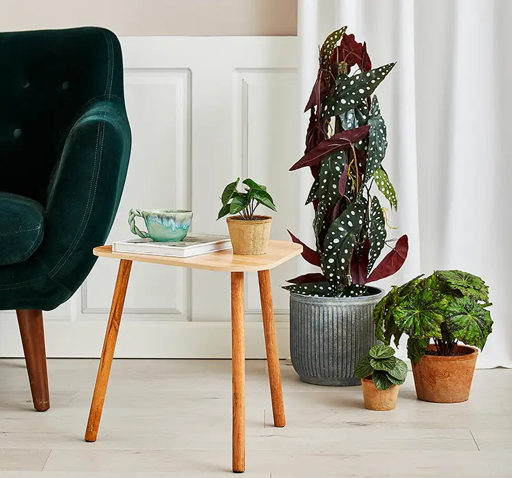 Bord af mdf med tre ben vist i stuemiljø med kunstige planter som kongebegonia