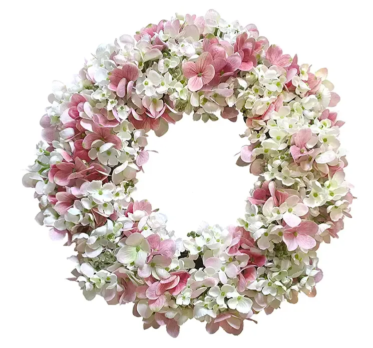 Kunstig hortensia krans med blomster i hvide og lyserøde