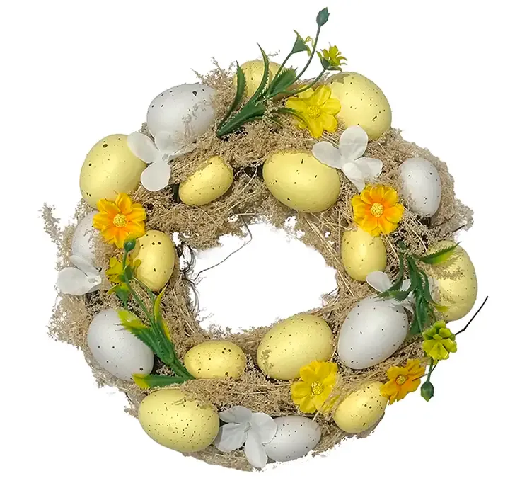 Kunstig påskekrans med æg og blomster af plast i gule farver