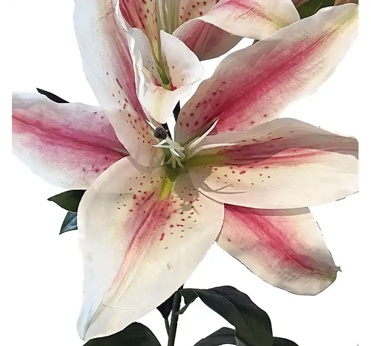 Lilje på stilk kunstig blomst af plast i lyserød og hvid closeup
