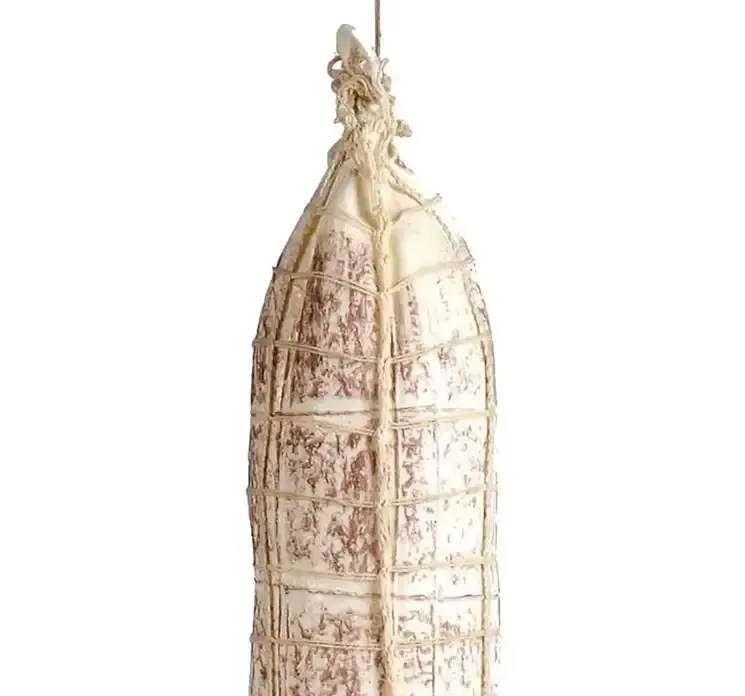 Kunstig salami spegepølse af plast med net ophæng i hvid closeup