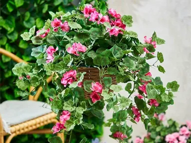 Smukke kunstige pelargonie i potte med ophæng. De er uv beskyttede så de kan bruges udendørs
