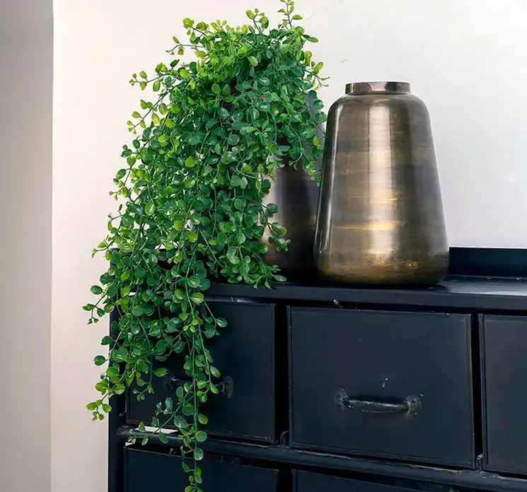 Pilea hænger kunstig plante af plast i grøn vist i en vase af metal i stuemiljø