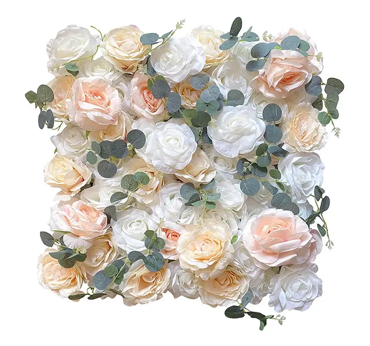 Blomsterplade til blomstervæg af kunstig blomster i plast i hvid og creme farvet